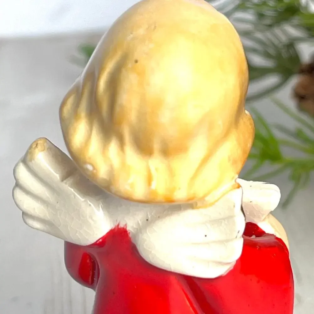 Vintage 1950-60s Porcelain Christmas Angel Red Dress Gold Star 3.5